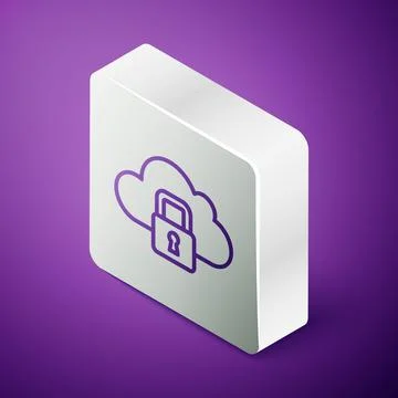 Isometric line Cloud computing lock icon isolated on purple background. Security Stock Illustration