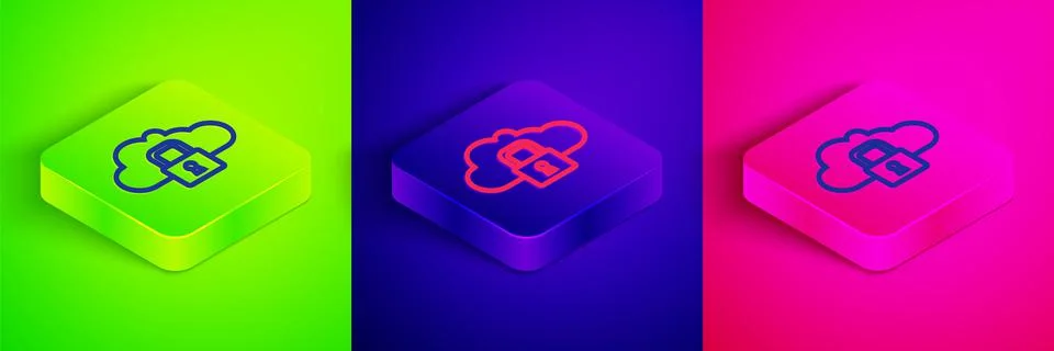 Isometric line Cloud computing lock icon isolated on green, blue and pink Stock Illustration