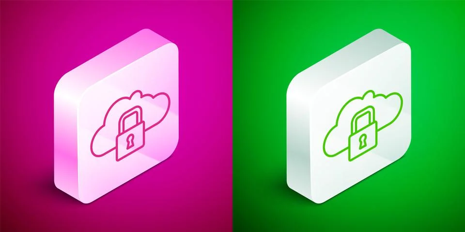 Isometric line Cloud computing lock icon isolated on pink and green background Stock Illustration
