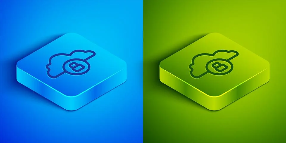 Isometric line Cloud computing lock icon isolated on blue and green background 스톡 일러스트
