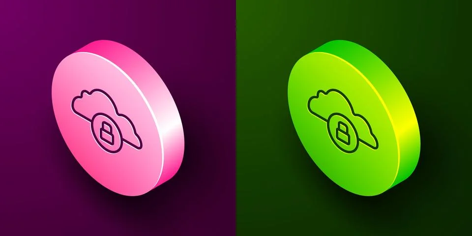 Isometric line Cloud computing lock icon isolated on purple and green backg.. Stock Illustration