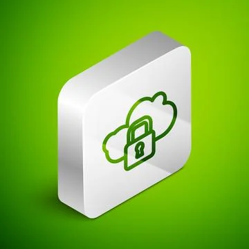 Isometric line Cloud computing lock icon isolated on green background. Secu.. Stock Illustration