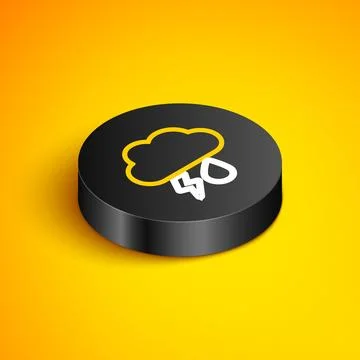 Isometric line Cloud with rain and lightning icon isolated on yellow backgr.. Stock Illustration