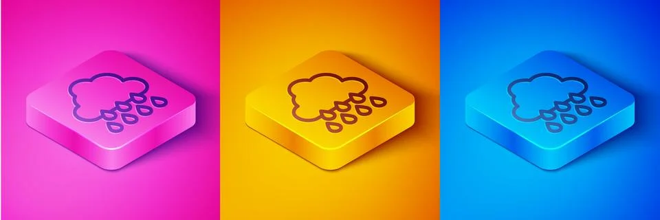 Isometric line Cloud with rain icon isolated on pink and orange, blue background Stock Illustration