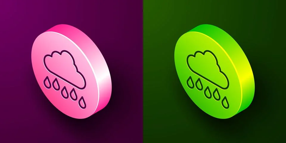 Isometric line Cloud with rain icon isolated on purple and green background Stock Illustration