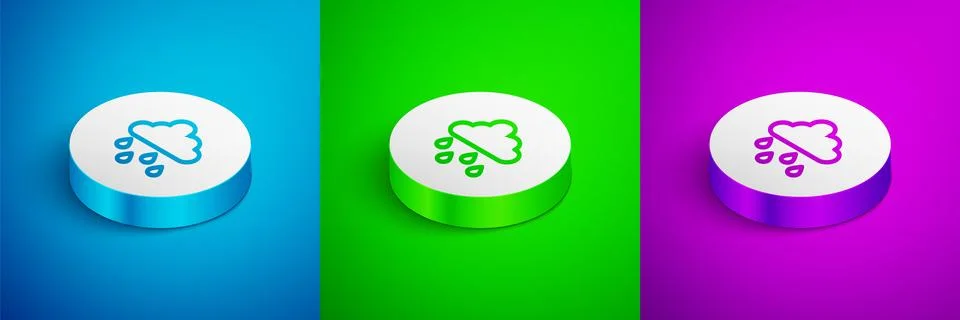 Isometric line Cloud with rain icon isolated on blue, green and purple Stock Illustration