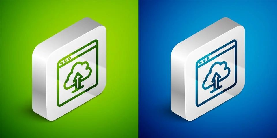 Isometric line Cloud upload icon isolated on green and blue background. Silver Illustrazione stock