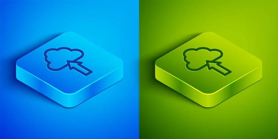 Isometric line Cloud upload icon isolated on blue and green background. Squar Stock Illustration