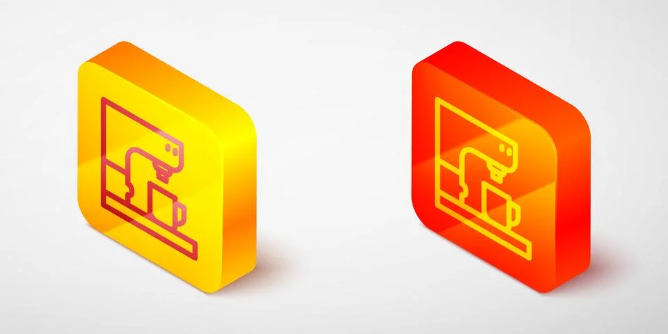 Isometric line Coffee machine icon isolated on grey background. Yellow and .. Stock Illustration