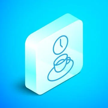 Isometric line Coffee time icon isolated on blue background. Silver square bu Stock-Illustration