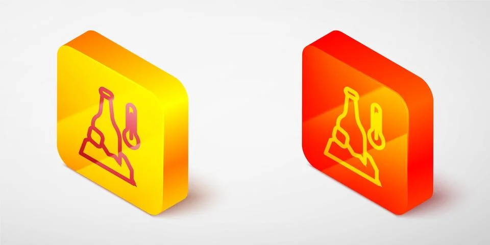 Isometric line Cold beer bottle icon isolated on grey background. Yellow and Stock Illustration