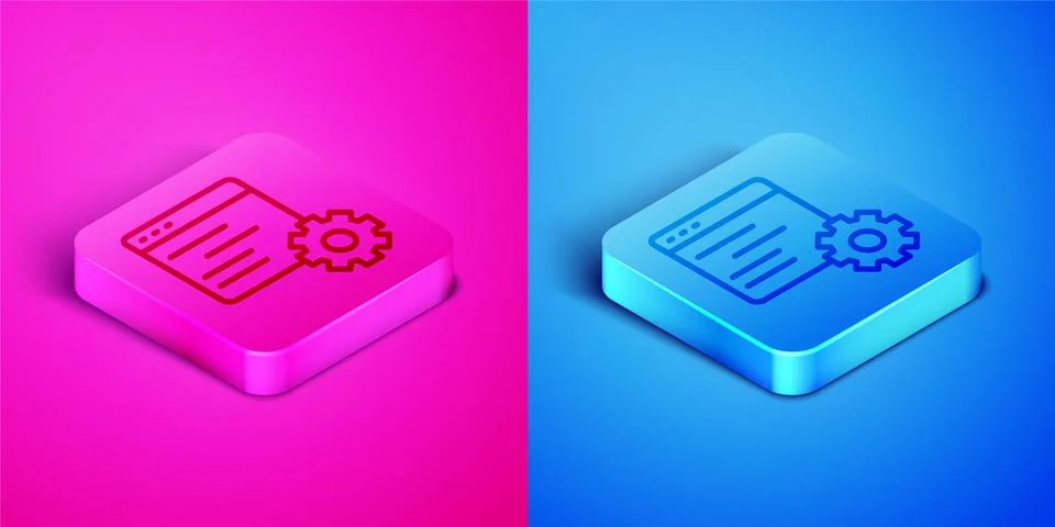 Isometric line Computer api interface icon isolated on pink and blue background Stock Illustration
