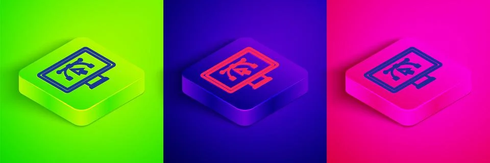 Isometric line Computer display with vector design program icon isolated on.. Illustrazione stock