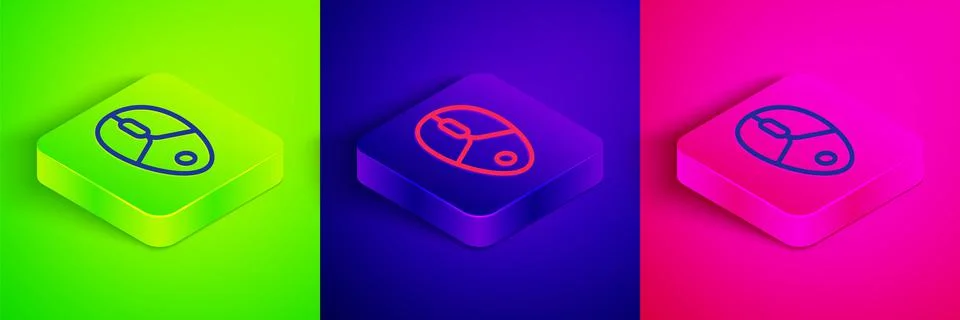 Isometric line Computer mouse gaming icon isolated on green, blue and pink Stock Illustration