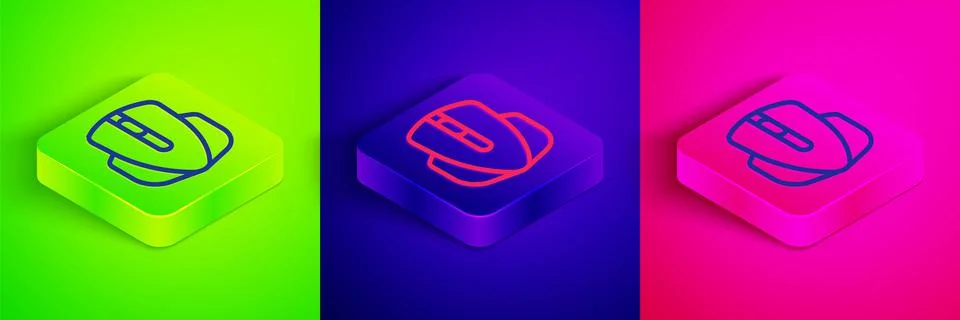 Isometric line Computer mouse gaming icon isolated on green, blue and pink Stock Illustration