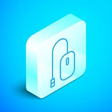 Isometric line Computer mouse icon isolated on blue background. Optical with Stock Illustration