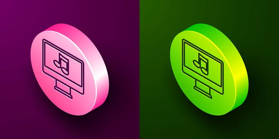 Isometric line Computer with music note symbol on screen icon isolated on pur Illustrazione stock
