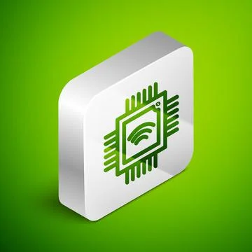 Isometric line Computer processor with microcircuits CPU icon isolated on green Stock Illustration