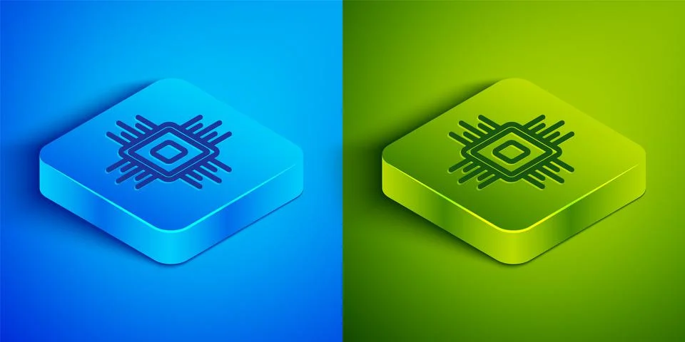 Isometric line Computer processor with microcircuits CPU icon isolated on blu 스톡 일러스트