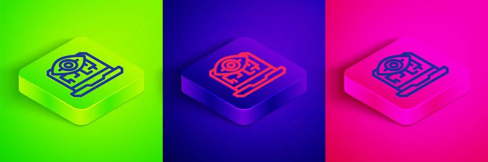 Isometric line Computer vision icon isolated on green, blue and pink background Stock Illustration
