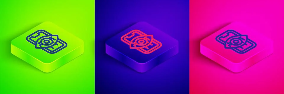 Isometric line Computer vision icon isolated on green, blue and pink backgrou Stock Illustration