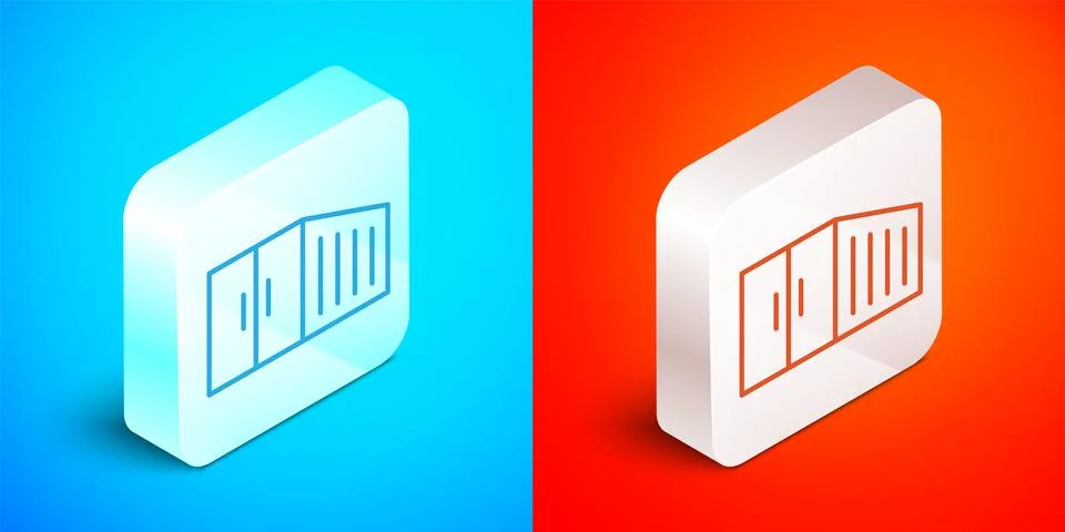 Isometric line Container icon isolated on blue and red background. Crane lifts a Stock Illustration