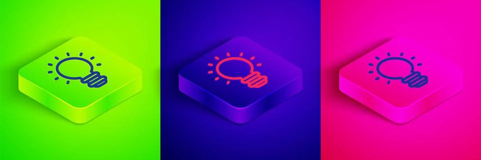 Isometric line Creative lamp light idea icon isolated on green, blue and pink Stock Illustration