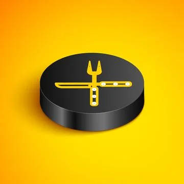 Isometric line Crossed fork and knife icon isolated on yellow background. BBQ 스톡 일러스트