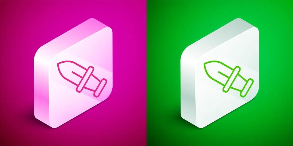 Isometric line Dagger icon isolated on pink and green background. Knife icon Stock Illustration