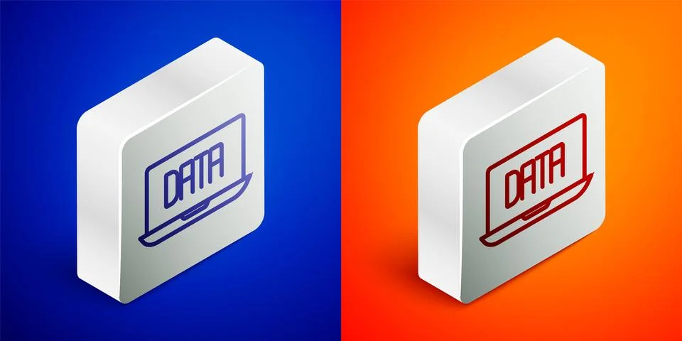 Isometric line Data analysis icon isolated on blue and orange background. B.. Stock Illustration