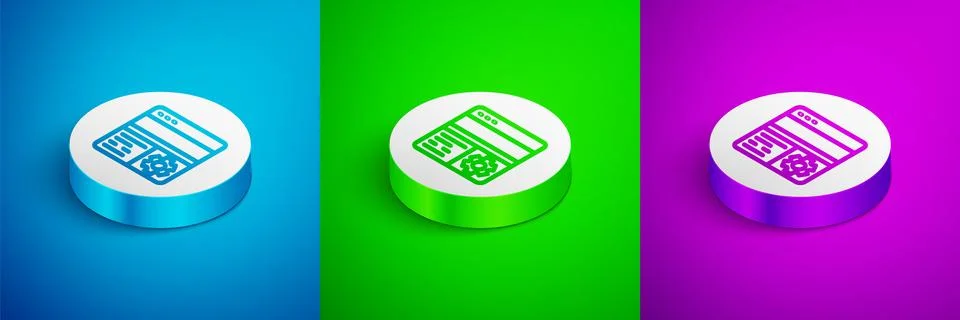 Isometric line Debugging icon isolated on blue, green and purple background 스톡 일러스트
