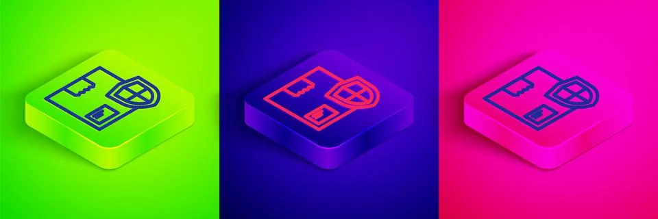 Isometric line Delivery security with shield icon isolated on green, blue and Stock Illustration