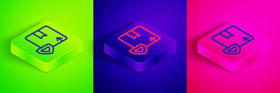 Isometric line Delivery security with shield icon isolated on green, blue and Stock Illustration