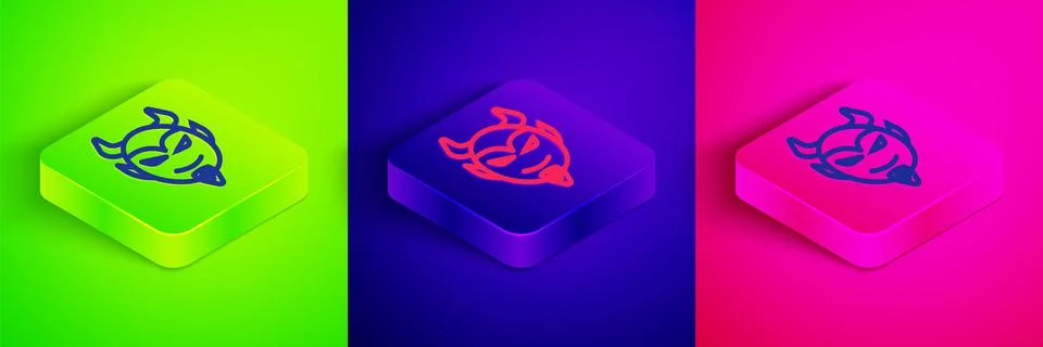 Isometric line Devil head icon isolated on green, blue and pink background Stockillustratie