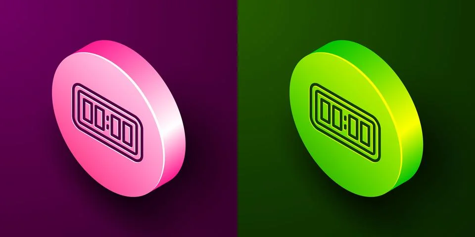 Isometric line Digital alarm clock icon isolated on purple and green backgrou 스톡 일러스트