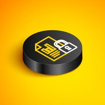 Isometric line Document and lock icon isolated on yellow background. File for Stock Illustration
