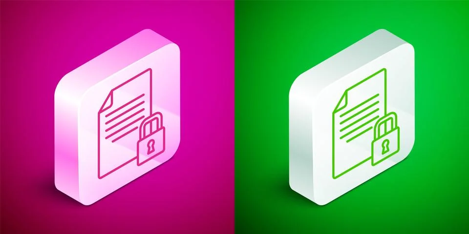 Isometric line Document and lock icon isolated on pink and green background Stock Illustration
