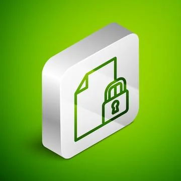 Isometric line Document and lock icon isolated on green background. File format Illustrazione stock