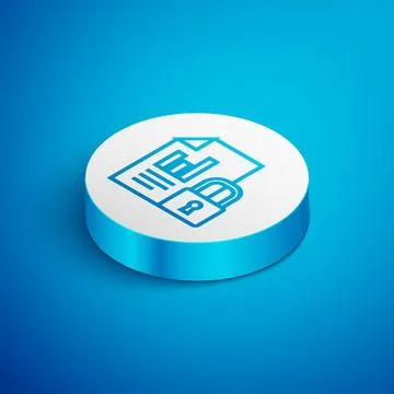 Isometric line Document and lock icon isolated on blue background. File for.. Stockillustratie