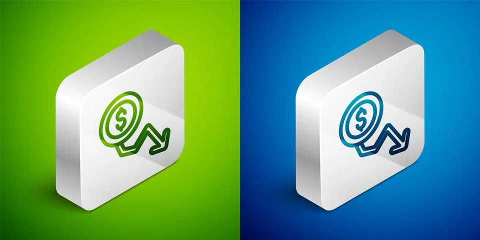 Isometric line Dollar rate decrease icon isolated on green and blue background Stock Illustration