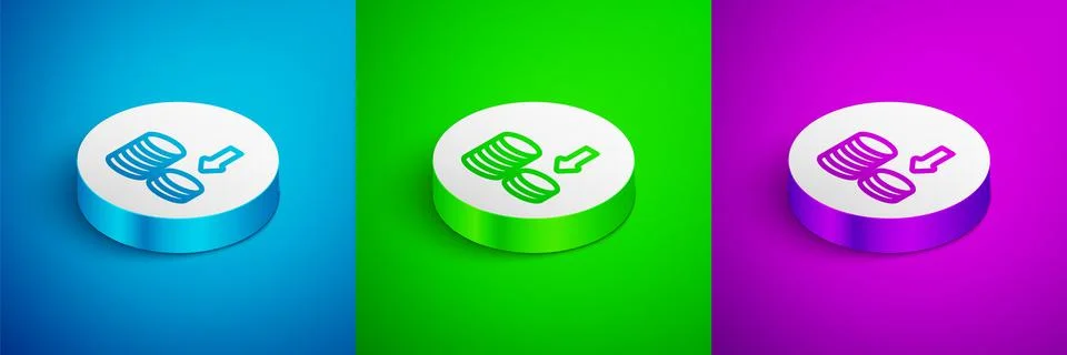 Isometric line Dollar rate decrease icon isolated on blue, green and purple Stock Illustration