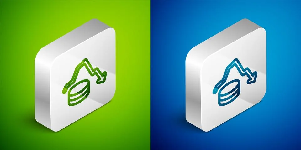 Isometric line Dollar rate decrease icon isolated on green and blue backgro.. Illustrazione stock
