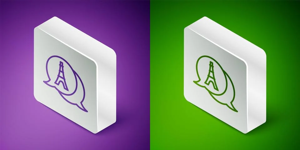 Isometric line Eiffel tower icon isolated on purple and green background. France 스톡 일러스트