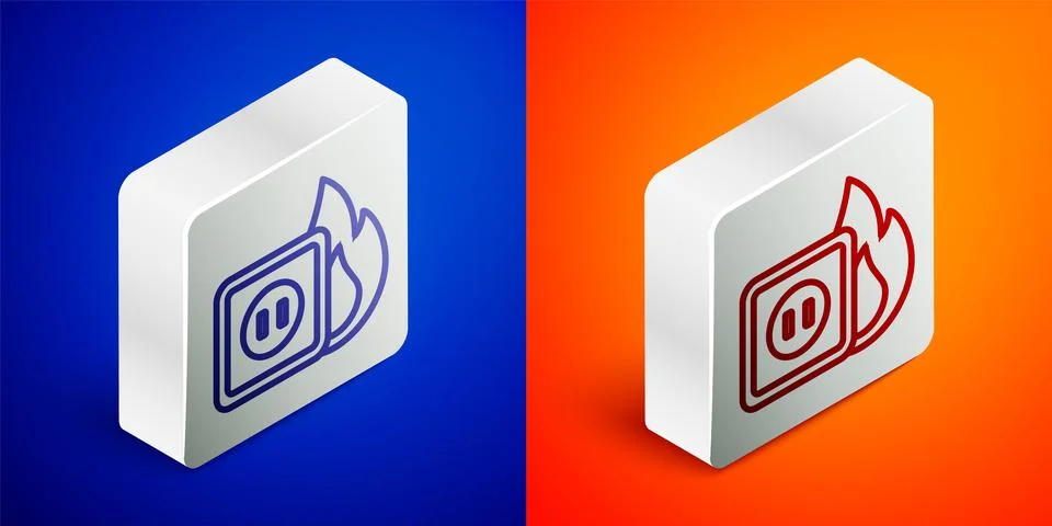 Isometric line Electric wiring of socket in fire icon isolated on blue and Stock Illustration