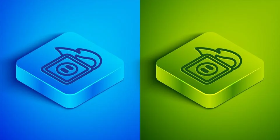 Isometric line Electric wiring of socket in fire icon isolated on blue and .. Stock Illustration