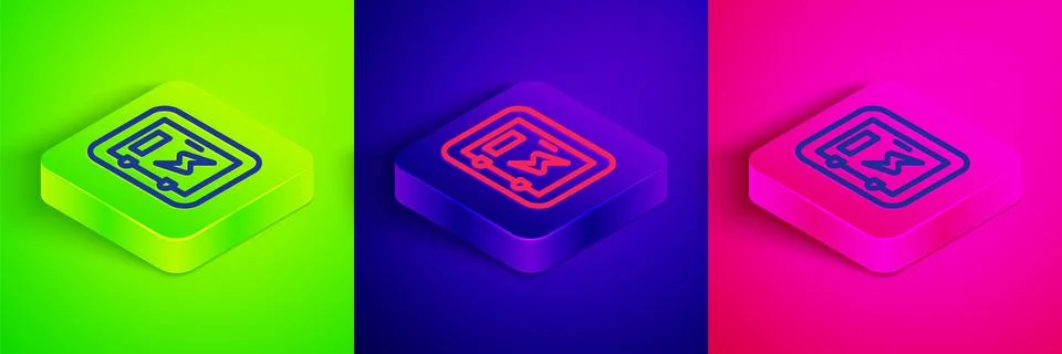 Isometric line Electrical panel icon isolated on green, blue and pink background Stock Illustration