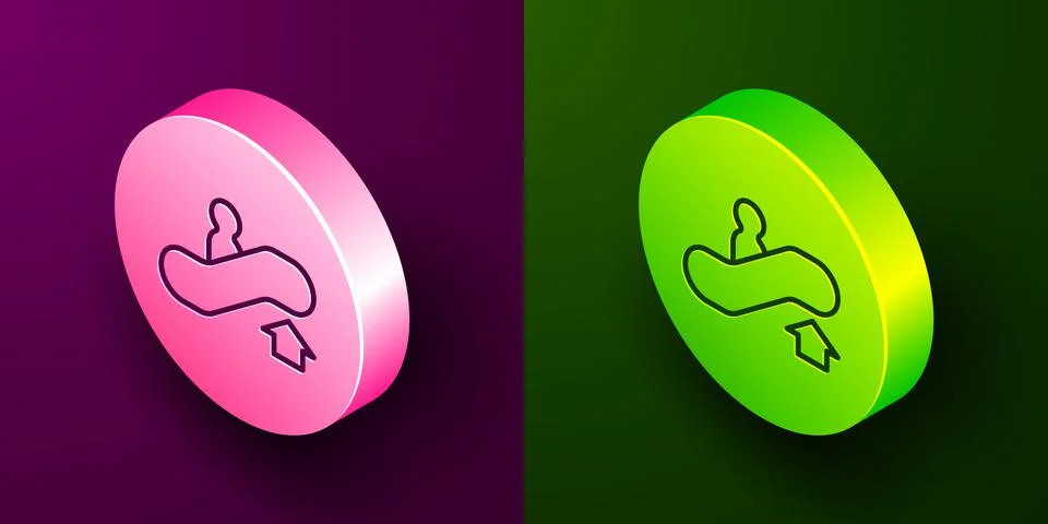 Isometric line Escalator up icon isolated on purple and green background. Circle Stock Illustration