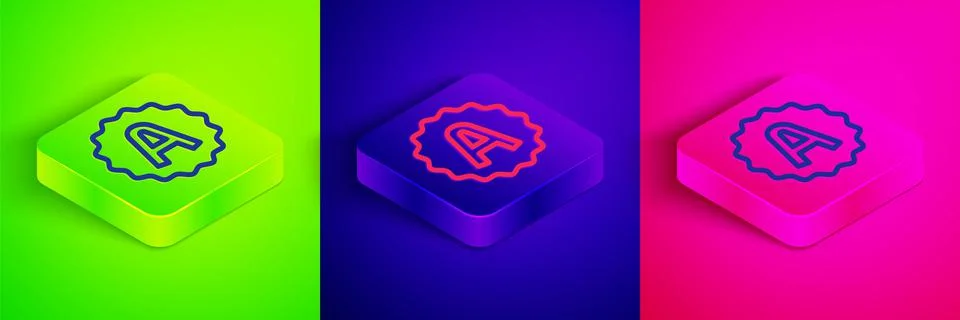 Isometric line Exam sheet with A plus grade icon isolated on green, blue and Stock Illustration