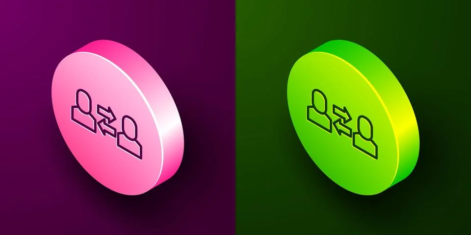 Isometric line Exchange work icon isolated on purple and green background Illustrazione stock