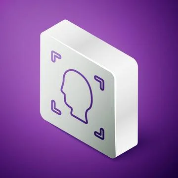Isometric line Face recognition icon isolated on purple background. Face Stock Illustration